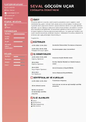 Coğrafya Öğretmeni CV Örnekleri cv indir